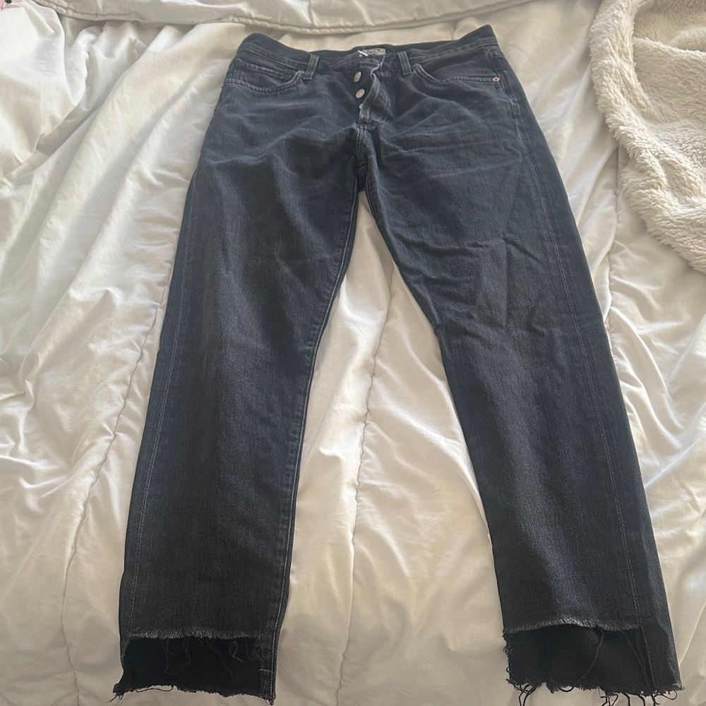 Citizens Of Humanity Black Wash Straight Leg Jeans with Frayed Hem